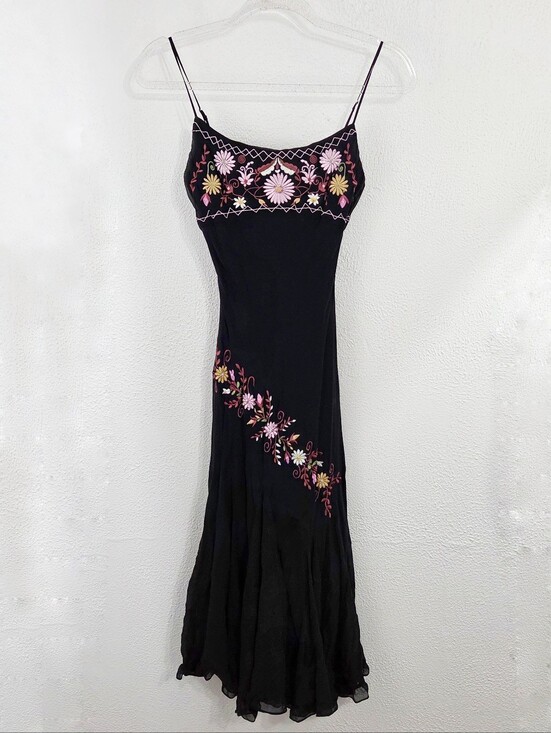 Betsey Johnson Dresses & Skirts - Vintage 90s Betsey Johnson silk slip midi dress black pink floral embroidery 4